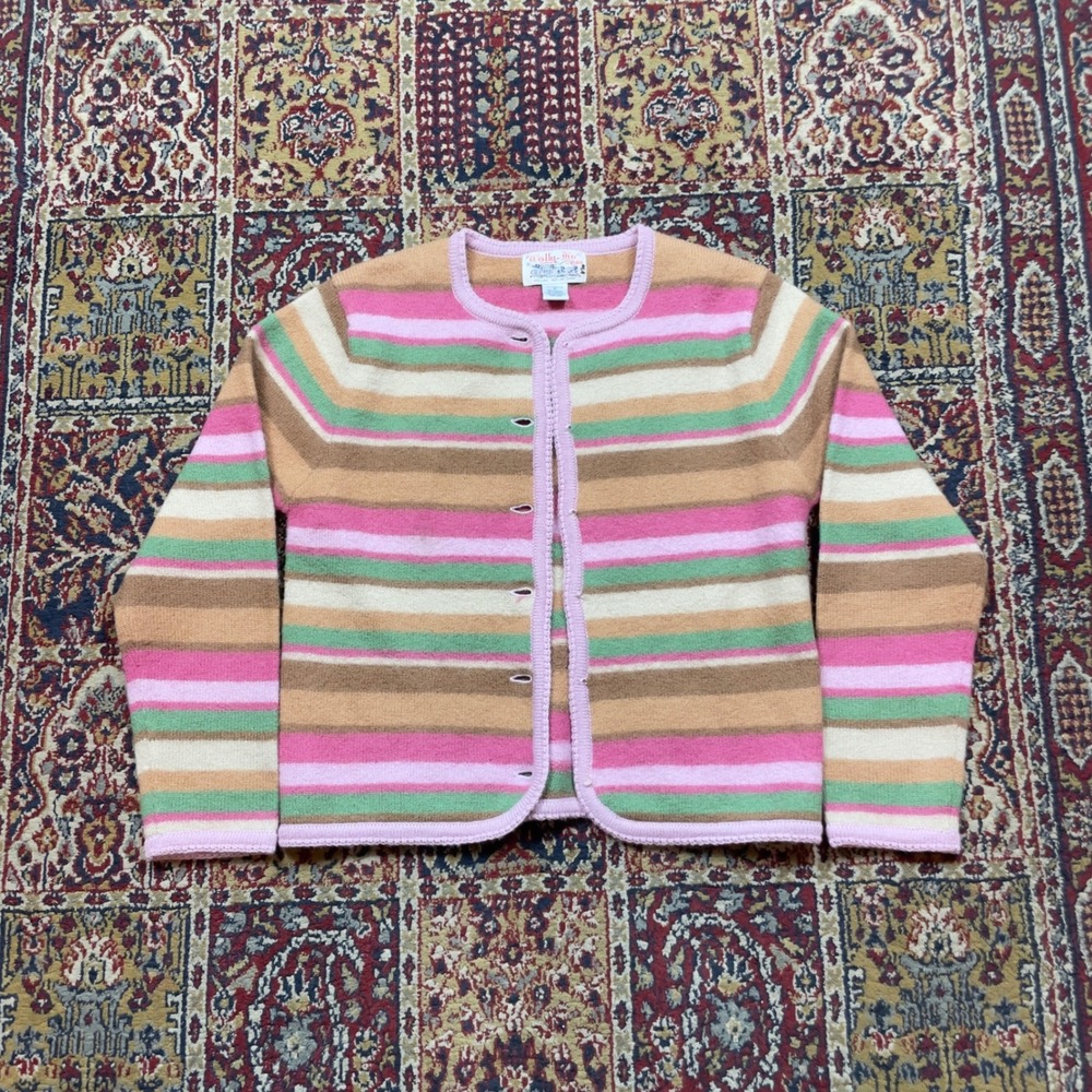 VTG 80s Tally-Ho Vintage 100% Wool Striped Cardigan Sweater Pink Green Tan Small